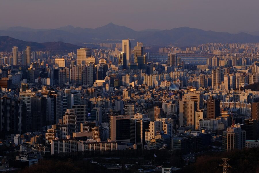 Gangnam Seoul skyline at dusk, the neighbourhood most BTS tours start in