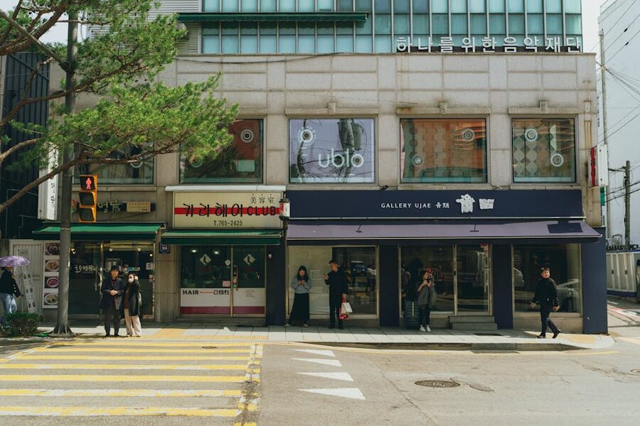Downtown Seoul street scene showing Korean storefronts