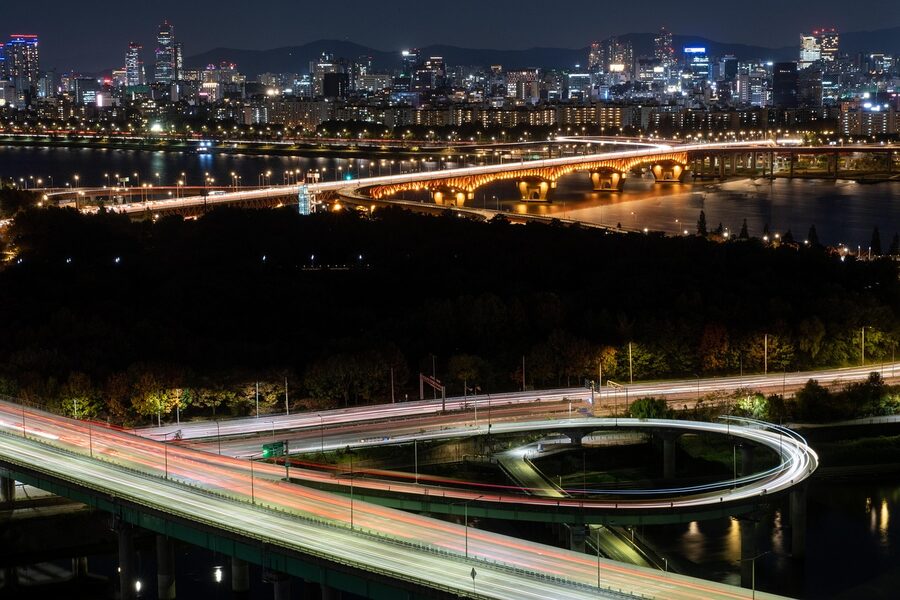 Seoul night view with bridge and river near HYBE Yongsan district