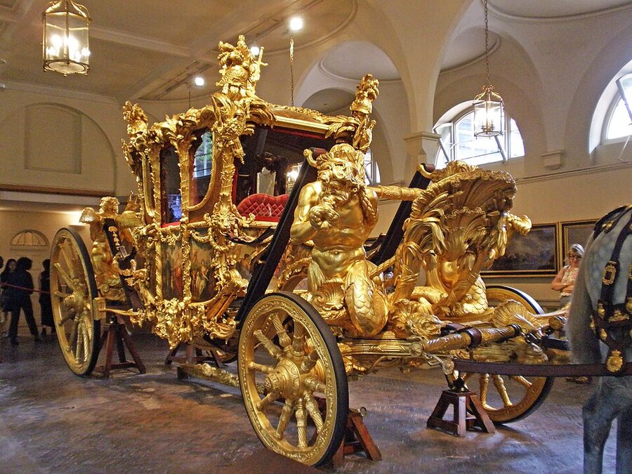 Gold State Coach displayed at Royal Mews