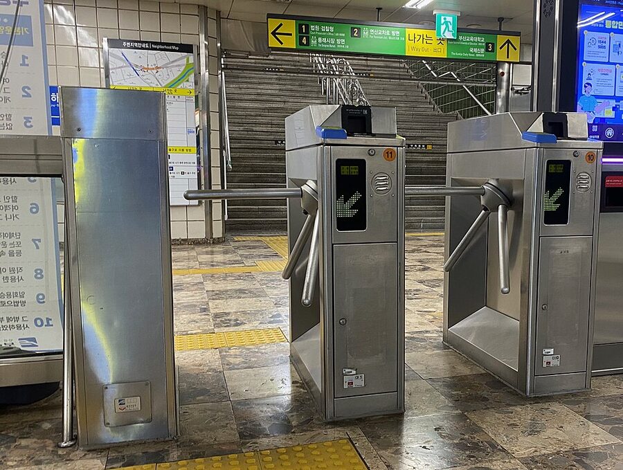 Busan subway fare gates where T-money is tapped