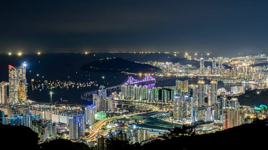 Gwangan Bridge illuminated at night in Busan