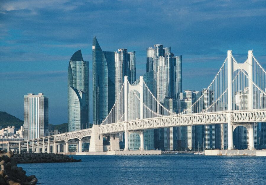 Busan skyline with Gwangan Bridge and Marine City skyscrapers