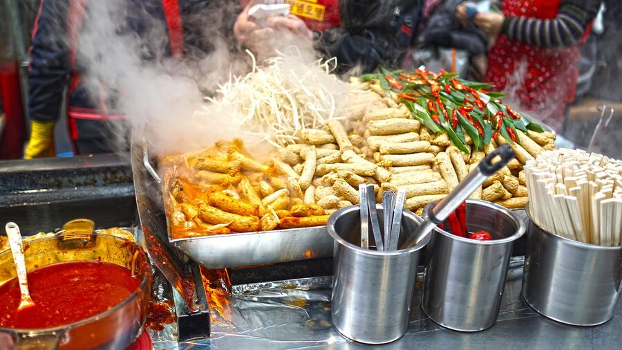 Korean street food stall with fish cakes and odeng