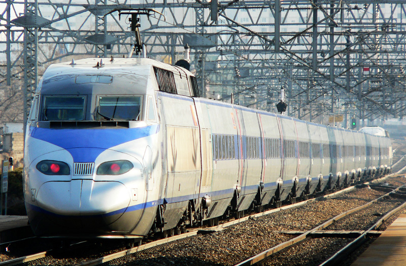 KTX high-speed train at a station in Korea