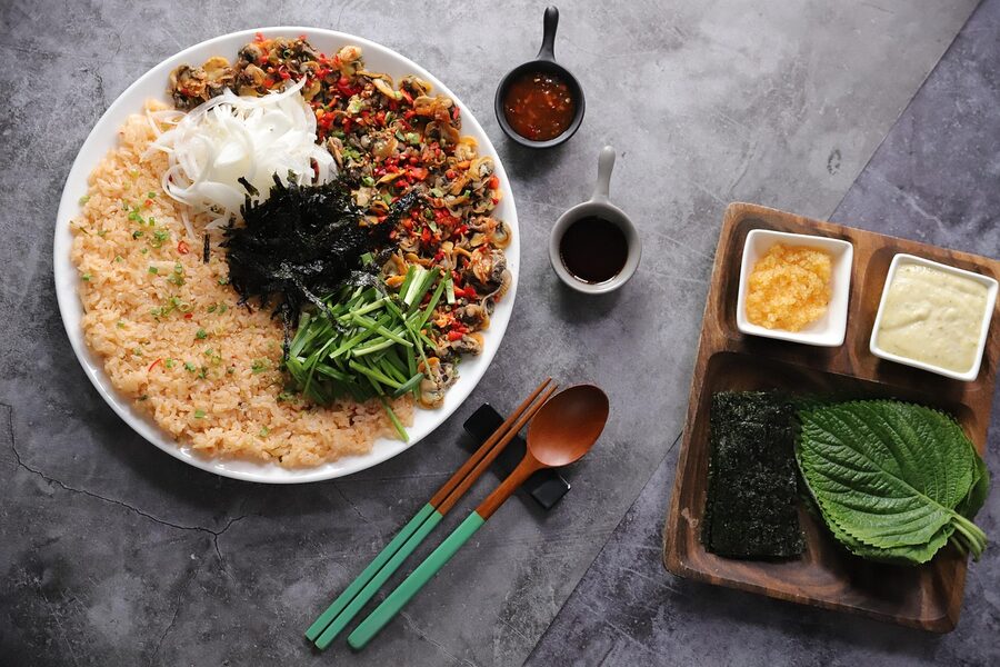 Cockle bibimbap Korean rice bowl flatlay