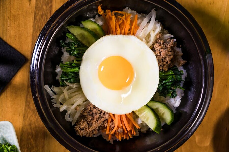 Home-style bibimbap with vegetables and sunny-side-up egg