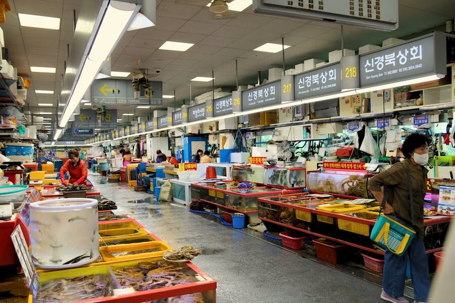 Busan fish market interior with shoppers