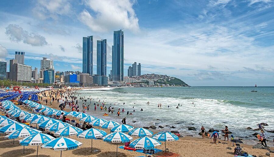 Haeundae Beach in Busan with the city skyline behind