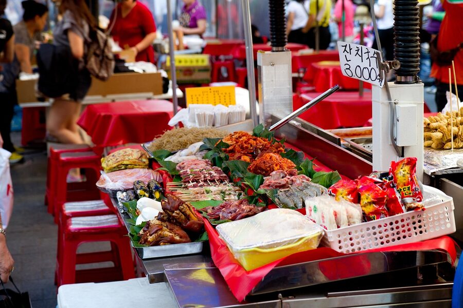 Korean traditional market displaying peppers and vegetables
