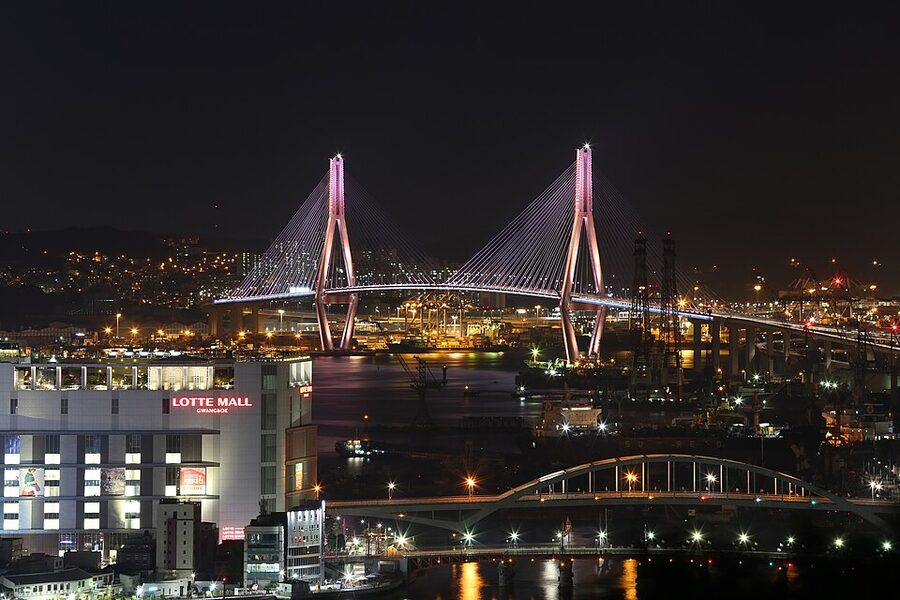 Busan Port Bridge illuminated at night