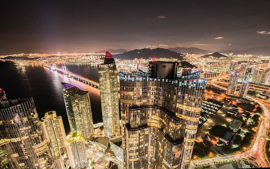 Haeundae-gu night view of Busan city from the mountain