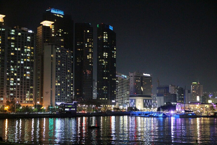 Gwangalli Beach and Haeundae at night in Busan with city lights
