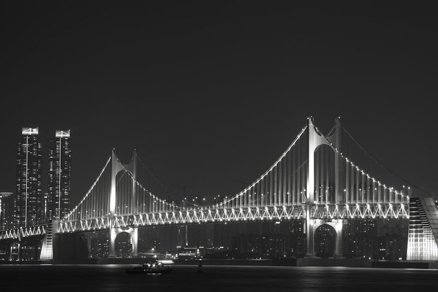 Gwangan Bridge illuminated in black and white at night