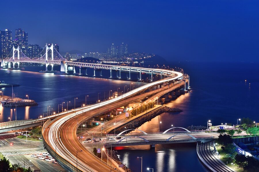 Gwangan Bridge highway at night in Busan with long exposure trails
