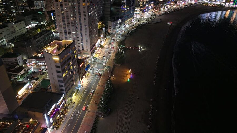 Haeundae Beach Busan aerial night view with city lights