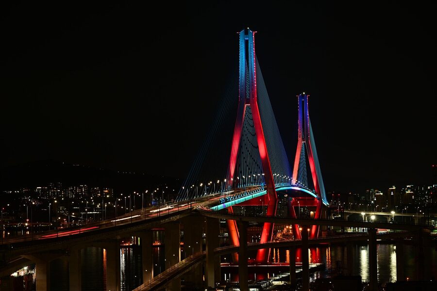 Busan Port Bridge at night long exposure with light trails