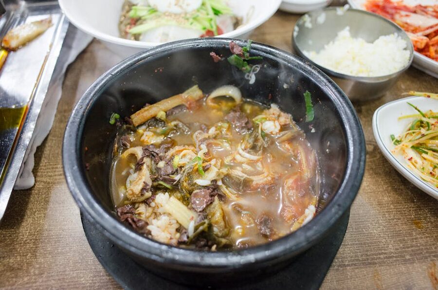 Steaming bowl of Korean spicy hangover soup
