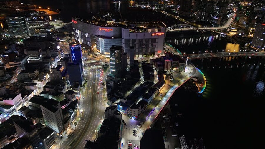 Aerial view of Busan with Lotte Mall and city lights near Seomyeon