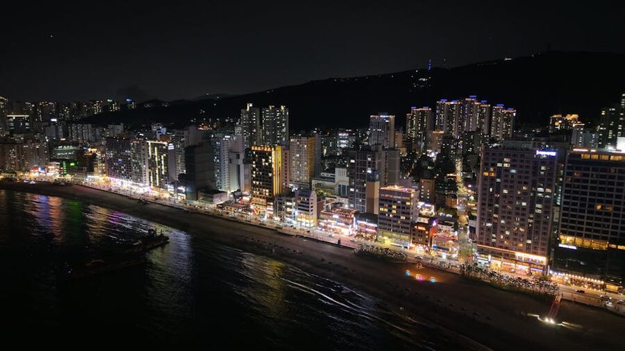 Busan coastal skyline lit up at night