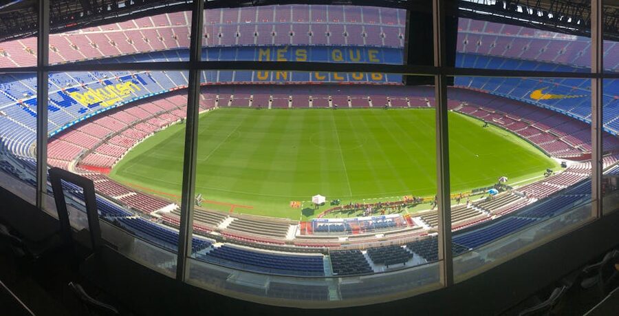 Wide view of Camp Nou pitch and seating