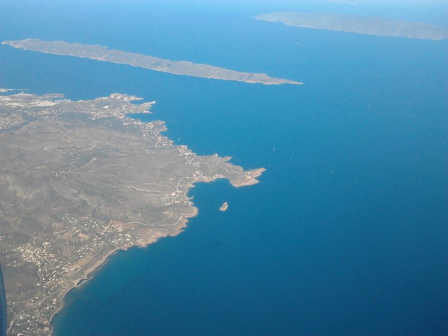Aerial view of Cape Sounion with the Temple of Poseidon on the headland