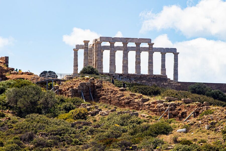 Temple of Poseidon at Cape Sounion with coastal views