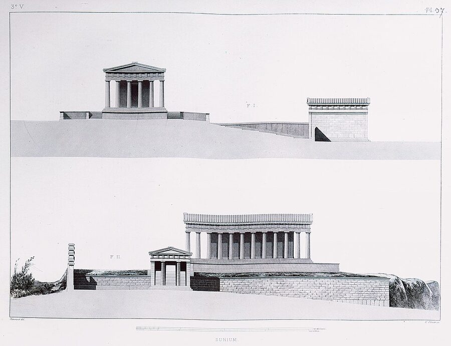 Reconstruction drawing of the original Temple of Poseidon at Sounion in the 5th century BC