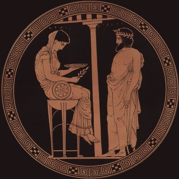 Attic red-figure vase showing King Aegeus consulting the oracle Themis, c. 440 BC