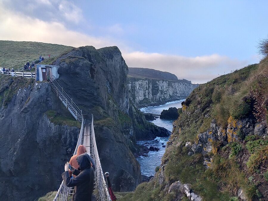 Carrick-a-Rede rope bridge between cliffs Antrim coast