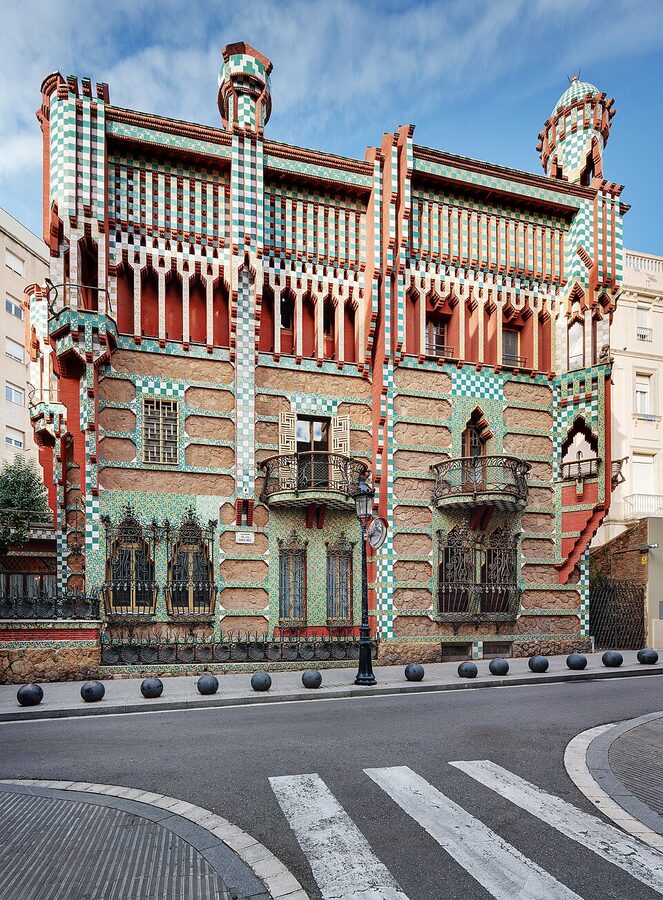 Casa Vicens corner view showing decorative tilework and tower in Barcelona