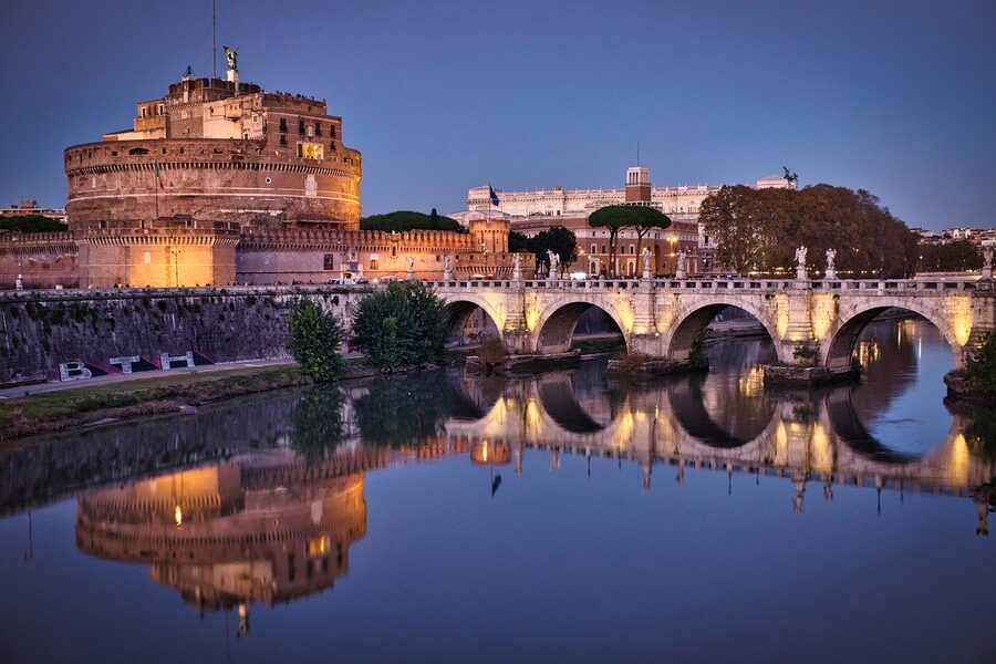 Castel SantAngelo blue hour reflection in the Tiber