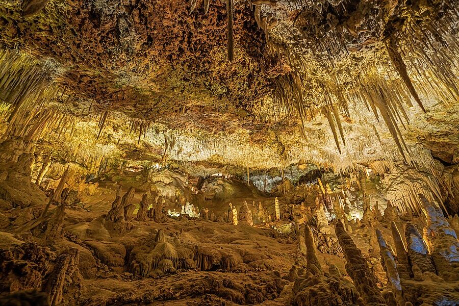 Illuminated chamber inside Caves of Hams Mallorca