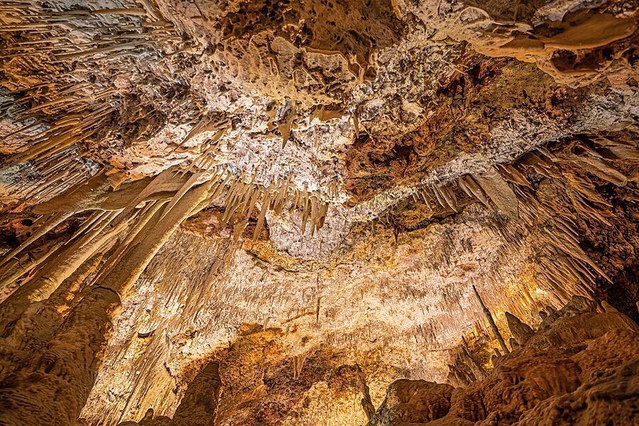 Fish-hook stalactite formations inside the Caves of Hams Mallorca