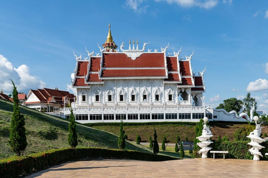 View of the Wat Huay Pla Kang Buddhist temple complex in Chiang Rai Thailand