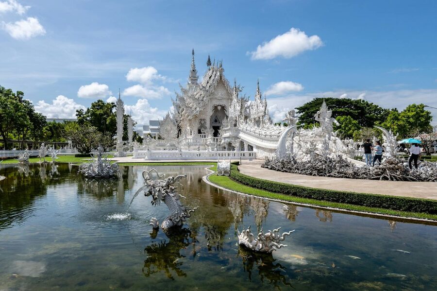 Close-up architectural details of the White Temple Wat Rong Khun