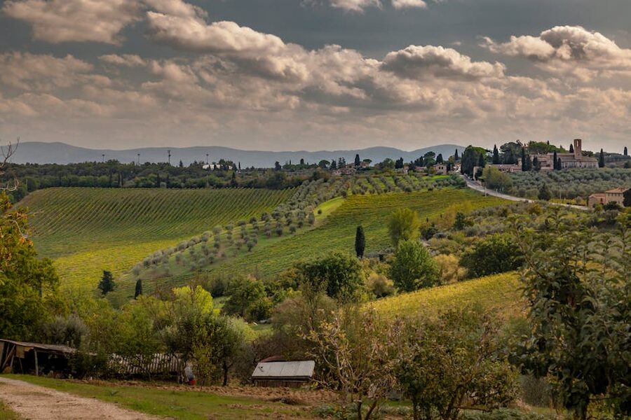 Rolling Tuscan hills with vineyards and a hilltop village in Chianti