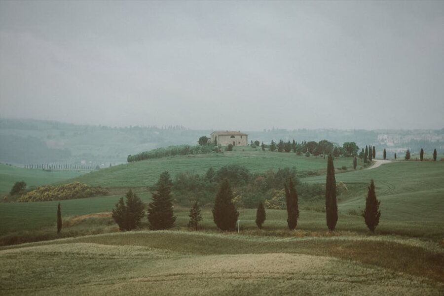 Tuscan farmhouse with cypress trees in misty hills near Chianti