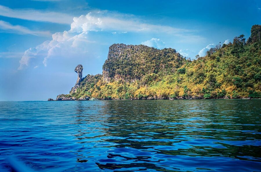 The distinctive rock formation of Chicken Island Koh Kai in Krabi Thailand