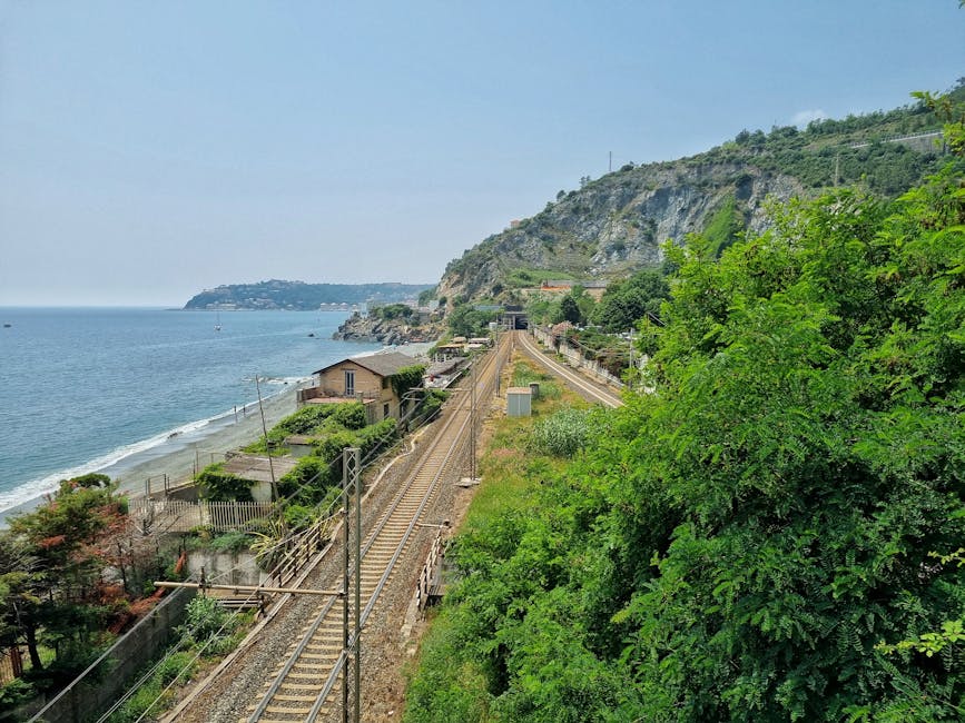 Coastal railway along the Ligurian coast in Italy