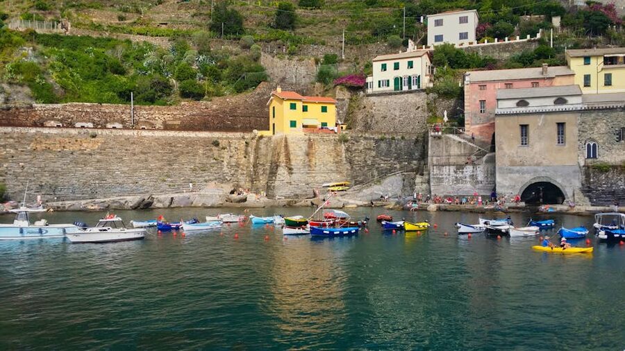 Vernazza harbor with boats and houses Liguria Italy