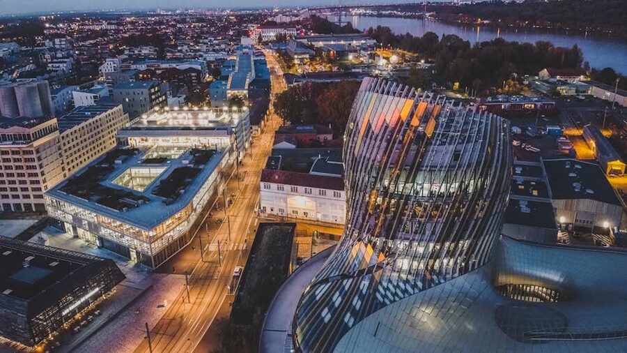 Cite du Vin Bordeaux aerial night view from above