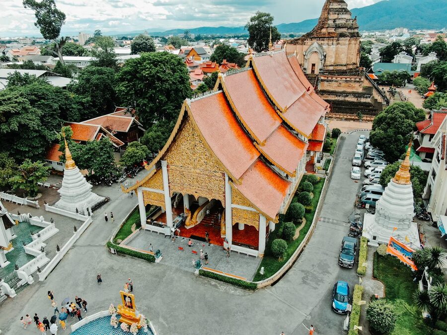 Aerial view of Wat Chedi Luang temple in Chiang Mai Thailand