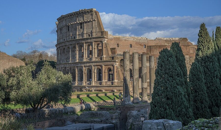 Colosseum and Roman Forum view from above showing both monuments