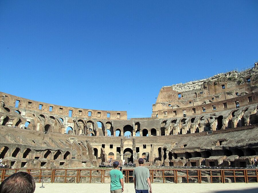 Colosseum interior view from the seating tier looking down at arena