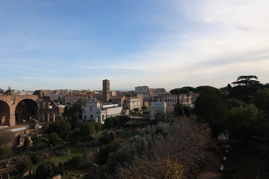 Aerial view of Roman Forum and Colosseum Rome