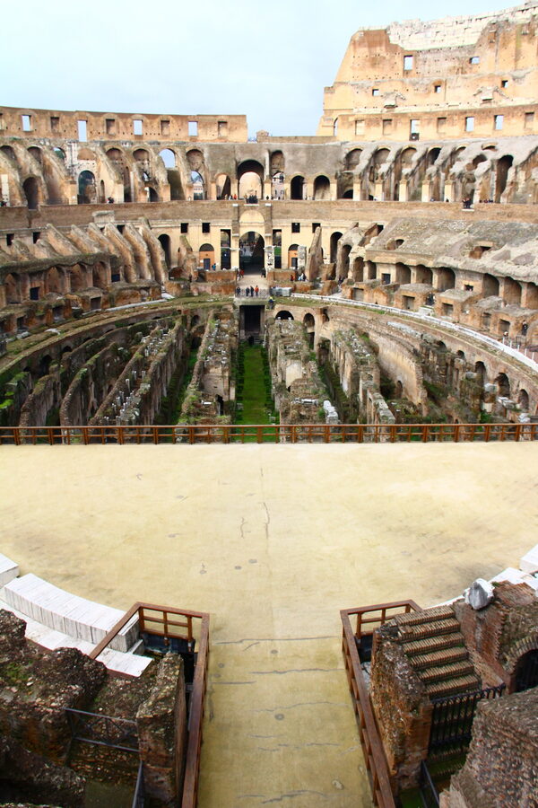 Colosseum and underground tunnels viewed from arena edge Rome