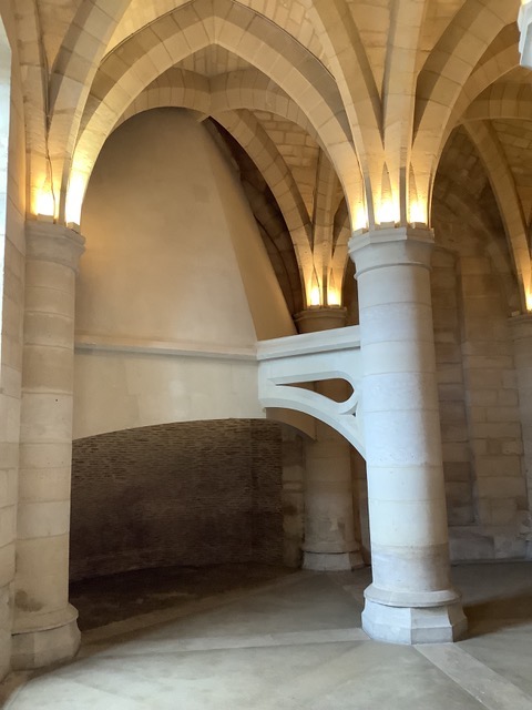 14th-century fireplace in the corner of the medieval Conciergerie kitchen