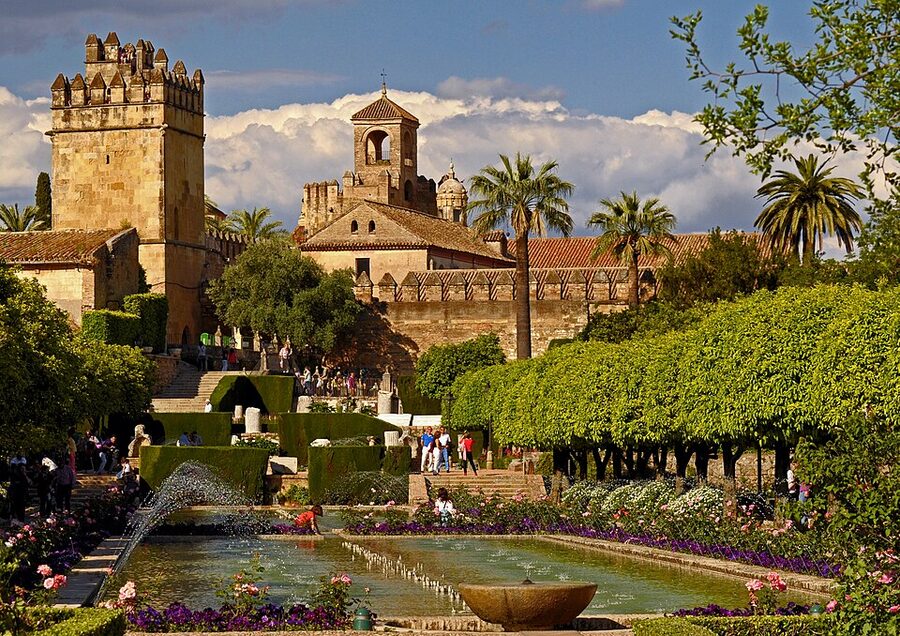 Gardens of the Cordoba Alcazar de los Reyes Cristianos with cypresses and fountains
