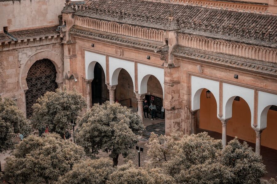 Aerial view of the Mezquita-Catedral of Cordoba showing the cathedral nave rising from the mosque roofline